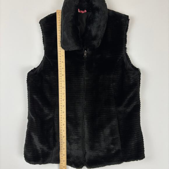 Liz Claiborne Petite M Black Ribbed Faux Fur Full Zip Reversible Vest Pockets - Picture 10 of 10